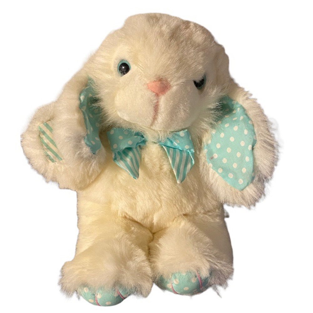 MTY Dandee Hoppy Hopster Bunny Rabbit Plush White Aqua Stripes Polka Dot Bow Tie